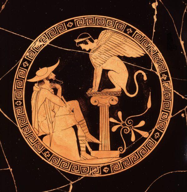 Oedipus answering the Sphinx’s question. Painted red figure ceramic, circa 470 B.C. Gregorian Etruscan Museum of Vatican Museums. (Public Domain)