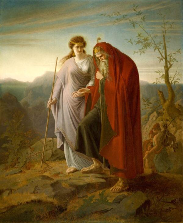 Sophocles’s play “Oedipus at Colonus” ends with the king, who having atoned for his sins, becomes a blessing to the city where he is buried. “Oedipus and Antigone” by Franz Dietrich. Crocker Art Museum, Sacramento, Calif. (PD-US)