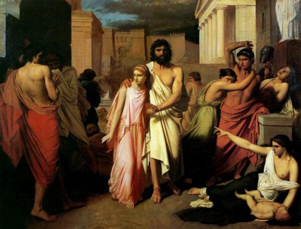 King Oedipus, the cause of the plague, is shunned by his people. “The Plague of Thebes,” 1842, by Charles Francois Jalabert. Marseille Museum of Fine Arts. (Public Domain)