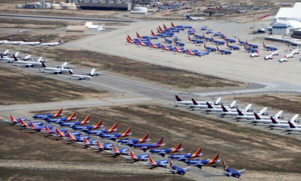 Aircraft parked at the Southern California Logistics Airport (SCLA) in Victorville, Calif., on April 11, 2020. (Fred Fourcher)