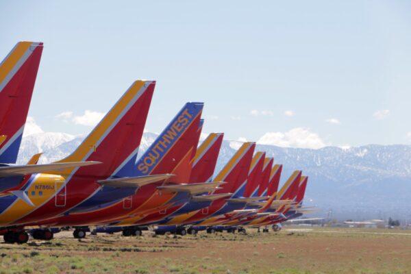 Aircraft parked at the Southern California Logistics Airport (SCLA) in Victorville, Calif., on April 11, 2020. (Fred Fourcher)