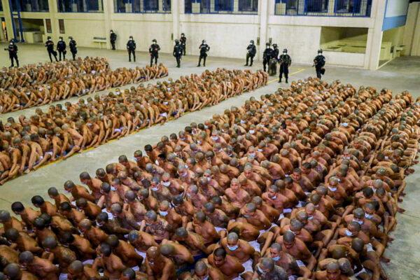 Gang members are secured during a police operation at Izalco jail during a 24-hour lockdown ordered by El Salvador's President Nayib Bukele in Izalco, El Salvador, on April 25, 2020. (El Salvador Presidency/Handout via Reuters)