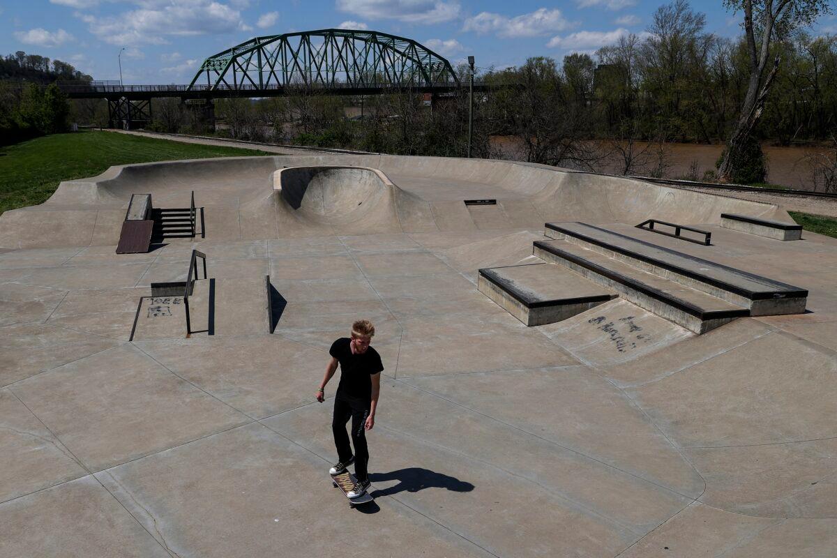 A skateboarder skates at Fort Neal Park in Parkersburg, West Virginia, on April 15, 2020. (Patrick Smith/Getty Images)