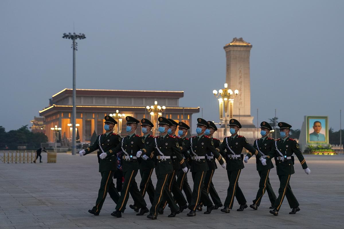 Chinese military soldiers march at Tiananmen Square in Beijing, China, on April 28, 2020. (Lintao Zhang/Getty Images)