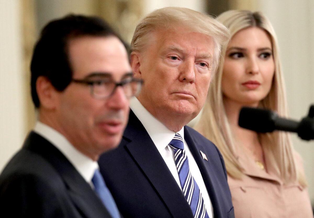 President Donald Trump and his daughter Ivanka listen as Treasury Secretary Steven Mnuchin speaks during an event on supporting small businesses through the Paycheck Protection Program in the East Room of the White House on April 28, 2020. (Win McNamee/Getty Images)