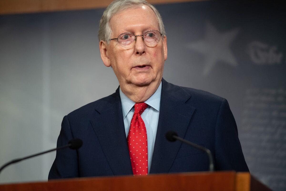 Senate Majority Leader Mitch McConnell (R-Ky.) holds a press conference after a pro forma session where the Senate passed a nearly $500 billion package to further aid small businesses due to the COVID-19 pandemic, at the U.S. Capitol in Washington on April 21, 2020. (Saul Loeb/AFP via Getty Images)