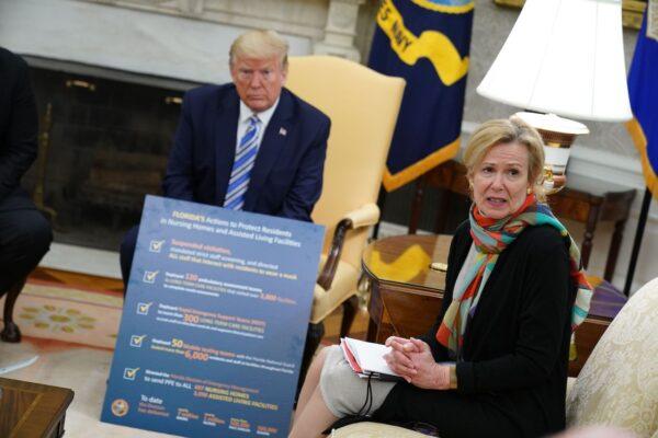 Response coordinator for White House Coronavirus Task Force Deborah Birx speaks as President Donald Trump meets with Florida Gov. Ron DeSantis in the Oval Office of the White House in Washington on April 28, 2020. (Mandel Ngan/AFP via Getty Images)