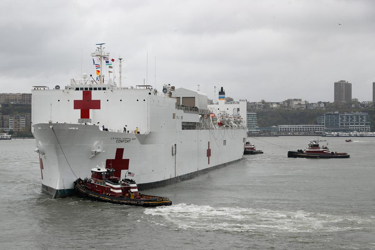 The USNS Naval Hospital Ship Comfort departs via the Hudson River, in the Manhattan borough of New York, April 30, 2020. (John Minchillo/AP Photo)
