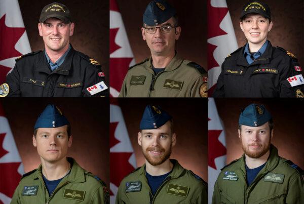 The crew of a C-148 Cyclone helicopter, attached to Royal Canadian Navy frigate HMCS Fredricton, which crashed in the Mediterranean Sea are seen in a combination of file photos released April 30, 2020. From top left to right are Naval Warfare Officer Sub-Lieutenant Matthew Pyke, Airborne Electronic Sensor Operator Master Corporal Matthew Cousins, Airborne Electronic Sensor Operator Maritime Systems Engineering Officer Sub-Lieutenant Abbigail Cowbrough and from bottom left to right are pilot Captain Kevin Hagen, Air Combat Systems Officer Captain Maxime Miron-Morin and pilot Captain Brenden Ian MacDonald. (Royal Canadian Navy/Handout via REUTERS)