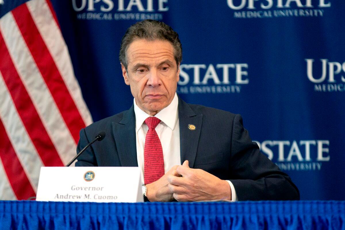New York Governor Andrew Cuomo speaks during his daily CCP virus press briefing at SUNY Upstate Medical University in Syracuse, N.Y., on April 28, 2020. (Stefani Reynolds/Getty Images)