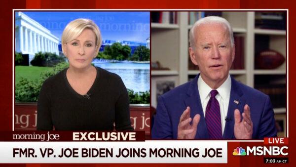 Democratic presidential candidate former Vice President Joe Biden speaks to MSNBC's Morning Joe co-host Mika Brzezinski, on May 1, 2020. (MSNBC's Morning Joe via AP)