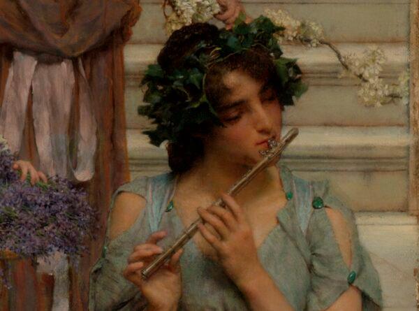 Detail of the flutist in “Spring,” 1894, by Lawrence Alma-Tadema. The J. Paul Getty Museum, Los Angeles. (Public Domain)