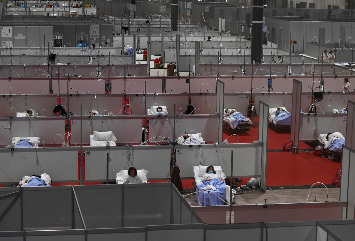 File photo of the temporary hospital for COVID-19 patients located at the Ifema convention and exhibition center in Madrid on April 03, 2020. (Pierre-Philippe Marcou/AFP/Getty Images)