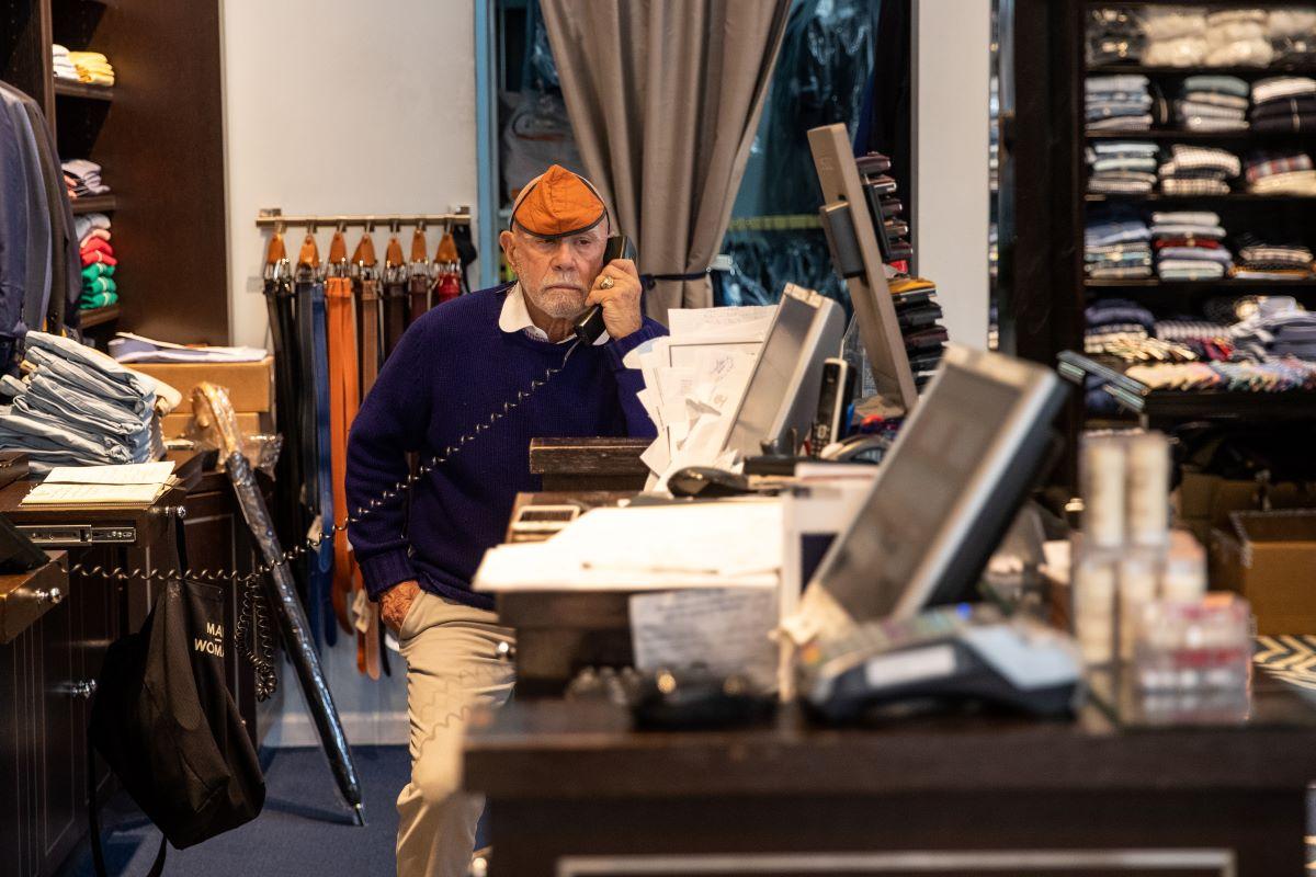 Eliot Rabin, the owner of Peter Elliot boutique, works in his shop in New York on April 29, 2020. (Jeenah Moon/Getty Images)