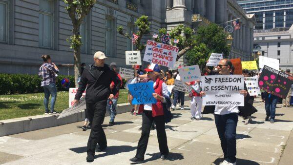 San Francisco protesters gather at City Hall on May 1, 2020. (Ilene Eng/The Epoch Times)