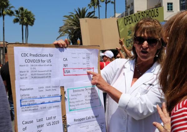 Retired nurse Becky Ettinger points to a chart of COVID-19 statistics in Huntington Beach, Calif., on May 1, 2020. (Jamie Joseph/The Epoch Times)