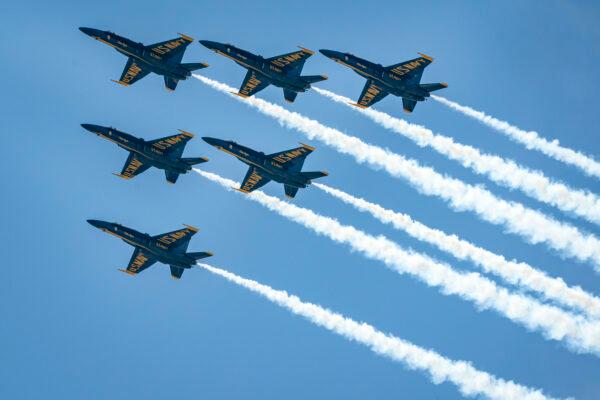 The U.S. Navy Blue Angels fly over the National Mall in Washington, on May 2, 2020. (Drew Angerer/Getty Images)