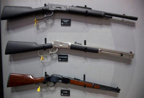 Lever action rifles are displayed during the National Rifle Association (NRA) 2019 Annual Meetings at the Indiana Convention Center in Indianapolis, Ind., on April 27, 2019. (Seth Herald/AFP via Getty Images)