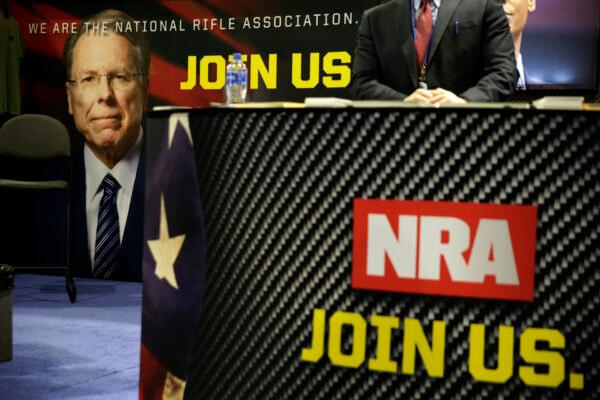 A picture of Wayne LaPierre is seen at the National Rifle Association (NRA) booth during CPAC 2019. (Alex Wong/Getty Images)