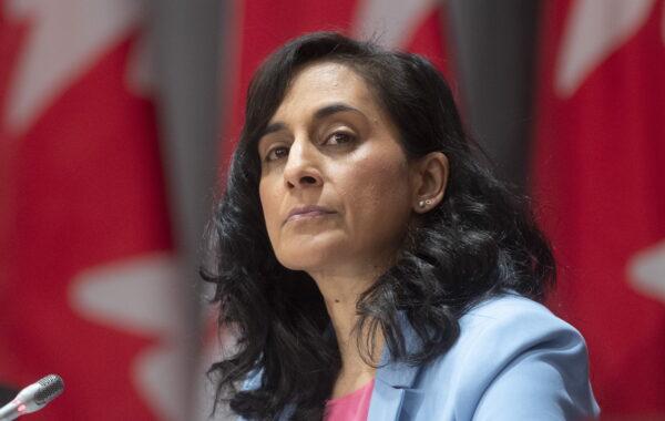 Public Services and Procurement Minister Anita Anand, whose portfolio includes Canada Post,listens to a question during a news conference in Ottawa on April 16, 2020. (The Canadian Press/Adrian Wyld)