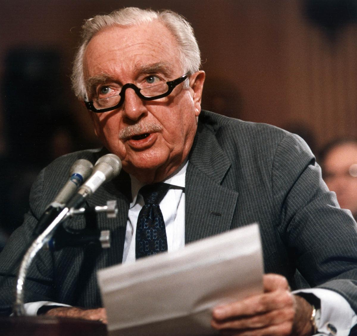 Cronkite testifies before the US Senate Committee on Governmental Affairs concerning the Pentagon rules on media access to the Persian Gulf War in Washington on Feb. 20, 1991. (LUKE FRAZZA/AFP via Getty Images)