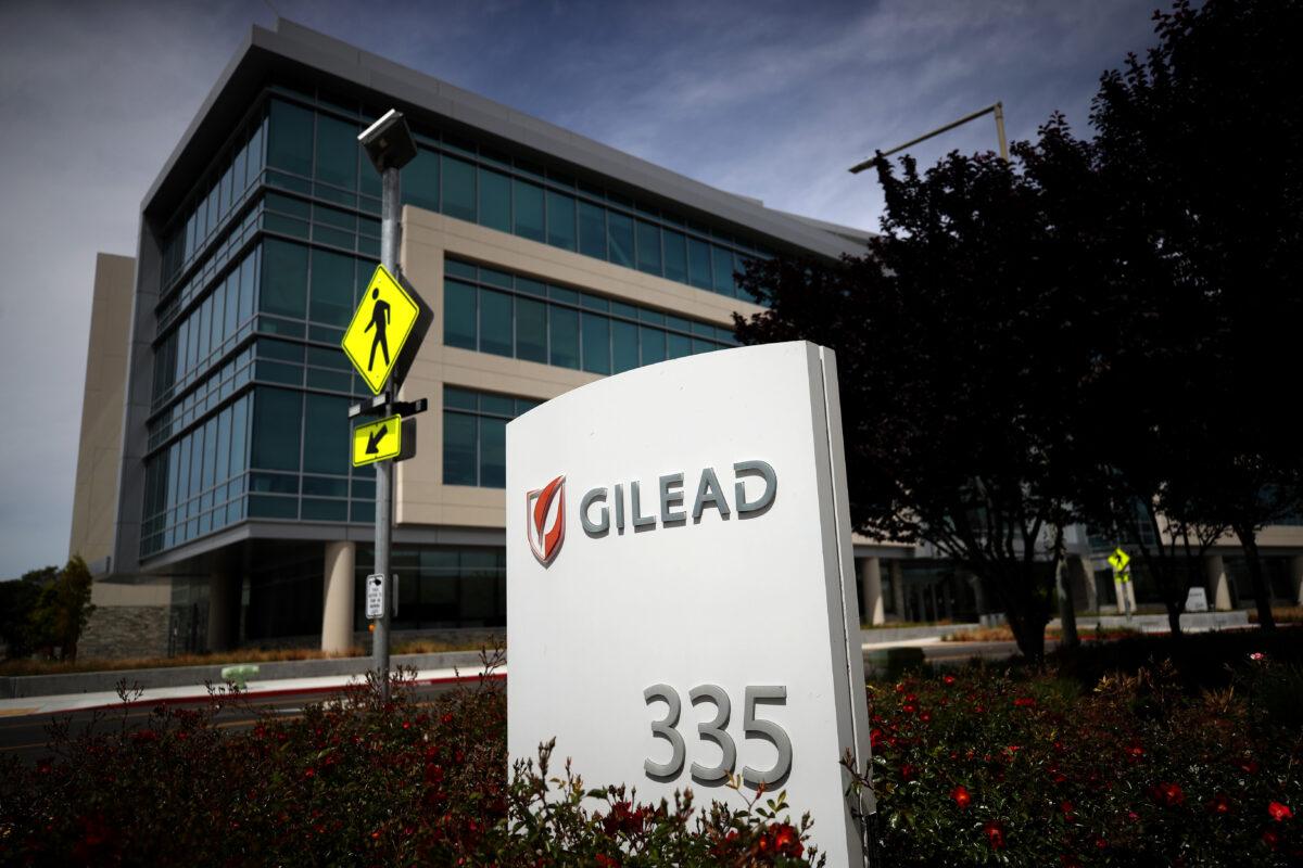 A sign is posted in front of Gilead Sciences headquarters in Foster City, Calif., on April 29, 2020. (Justin Sullivan/Getty Images)