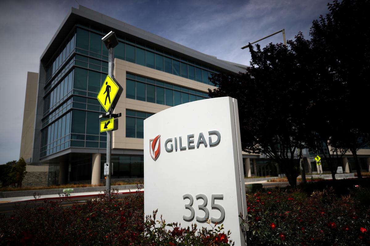 A sign is posted in front of the Gilead Sciences headquarters in Foster City, Calif., on April 29, 2020. (Justin Sullivan/Getty Images)