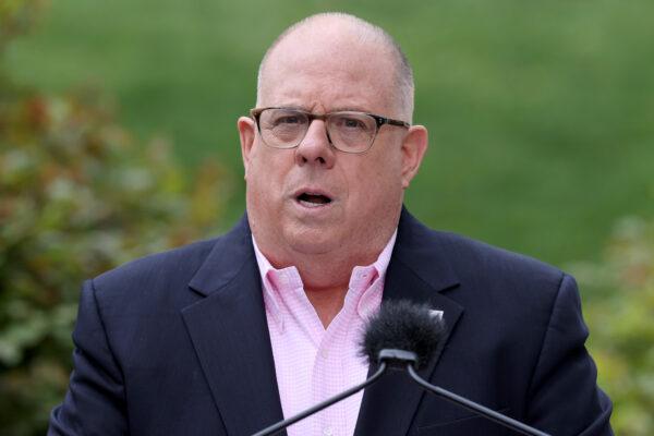 Maryland Gov. Larry Hogan talks to reporters during a news briefing about the COVID-19 pandemic in Annapolis, Md., on April 17, 2020. (Chip Somodevilla/Getty Images)