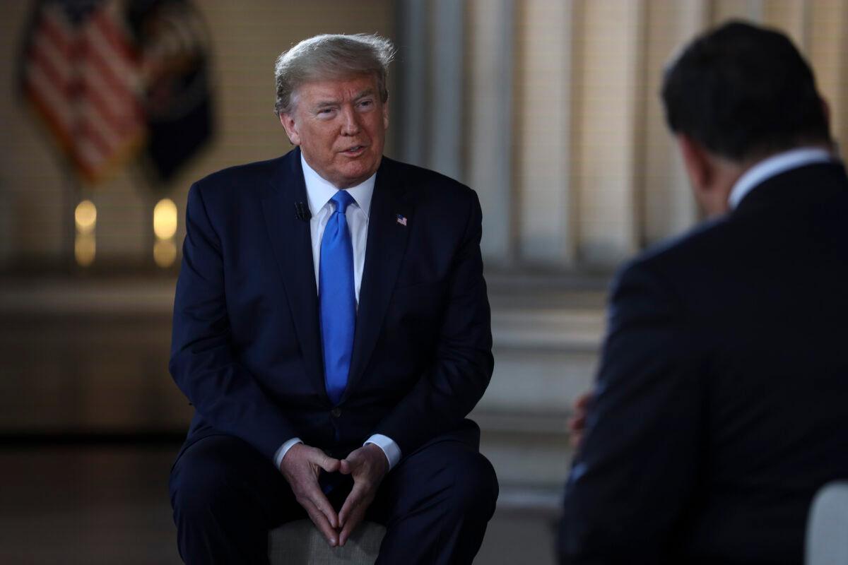 President Donald Trump speaks with news anchor Bret Baier during a Virtual Town Hall inside of the Lincoln Memorial in Washington on May 3, 2020. (Oliver Contreras-Pool/Getty Images)