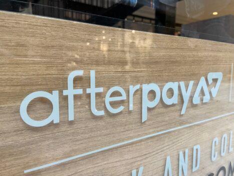 An Afterpay sign at a retail outlet at a Westfields shopping center in Sydney, Australia, on May 5, 2020. (Daniel Teng/The Epoch Times)