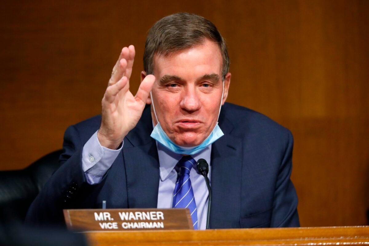 Senate Intelligence Ranking Member Mark Warner (D-Va.) speaks during a hearing on the nomination of Rep. John Ratcliffe (R-Texas) for director of national intelligence, on Capitol Hill in Washington on May 5, 2020. (Andrew Harnik/Pool/AFP/Getty Images)
