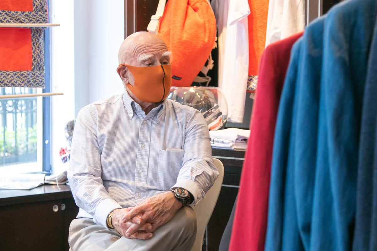 Eliot Rabin, owner of Peter Elliot Blue sits inside his clothing store in Manhattan, New York on May 4, 2020. (Chung I Ho/The Epoch Times)