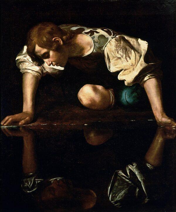 “Narcissus” 1598–1599, by Caravaggio. Oil on canvas; 43 ¼ inches by 36 inches. National Gallery of Ancient Art, Rome. (Public Domain)