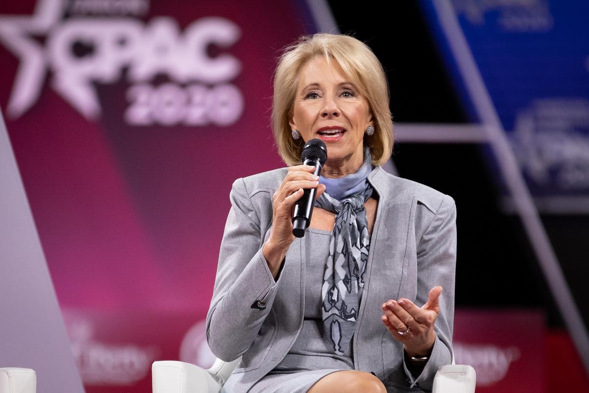 Secretary of Education Betsy DeVos speaks at the CPAC convention in National Harbor, Md., on Feb. 27, 2020. (Samira Bouaou/The Epoch Times)