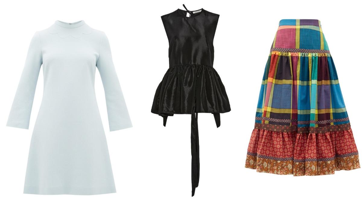 (L-R) Dress by Goat Juno; peplum top by Cecilie Bahnsen; skirt by Gucci. (L: Courtesy of Moda Operandi; C-R: Courtesy of Matchesfashion)