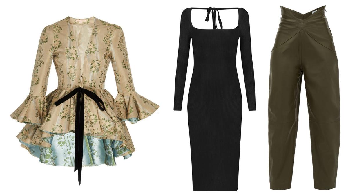 (L-R) Peplum top, Brock Collection; Fitted Midi Dress by Anna October; pants by The Attico. (L-C: Courtesy of Moda Operandi; R: Courtesy of Matchesfashion)