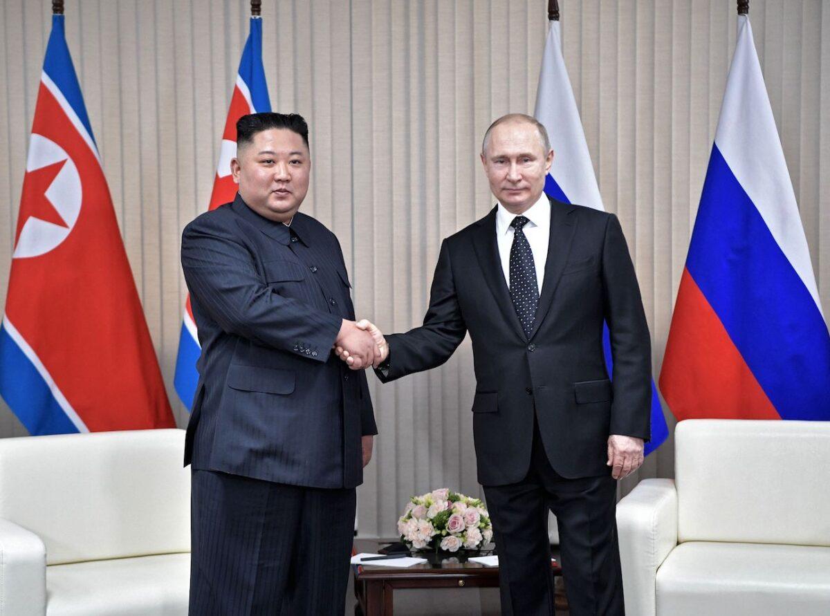 Russian President Vladimir Putin meets with North Korean leader Kim Jong Un at the Far Eastern Federal University campus on Russky Island in the Russian port of Vladivostok on April 25, 2019. (Alexey Nikolsky/ AFP via Getty Images)