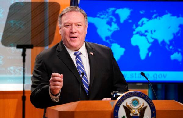 U.S. Secretary of State Mike Pompeo speaks to reporters during a media briefing at the State Department in Washington on May 6, 2020. (Kevin Lamarque/POOL/AFP via Getty Images)
