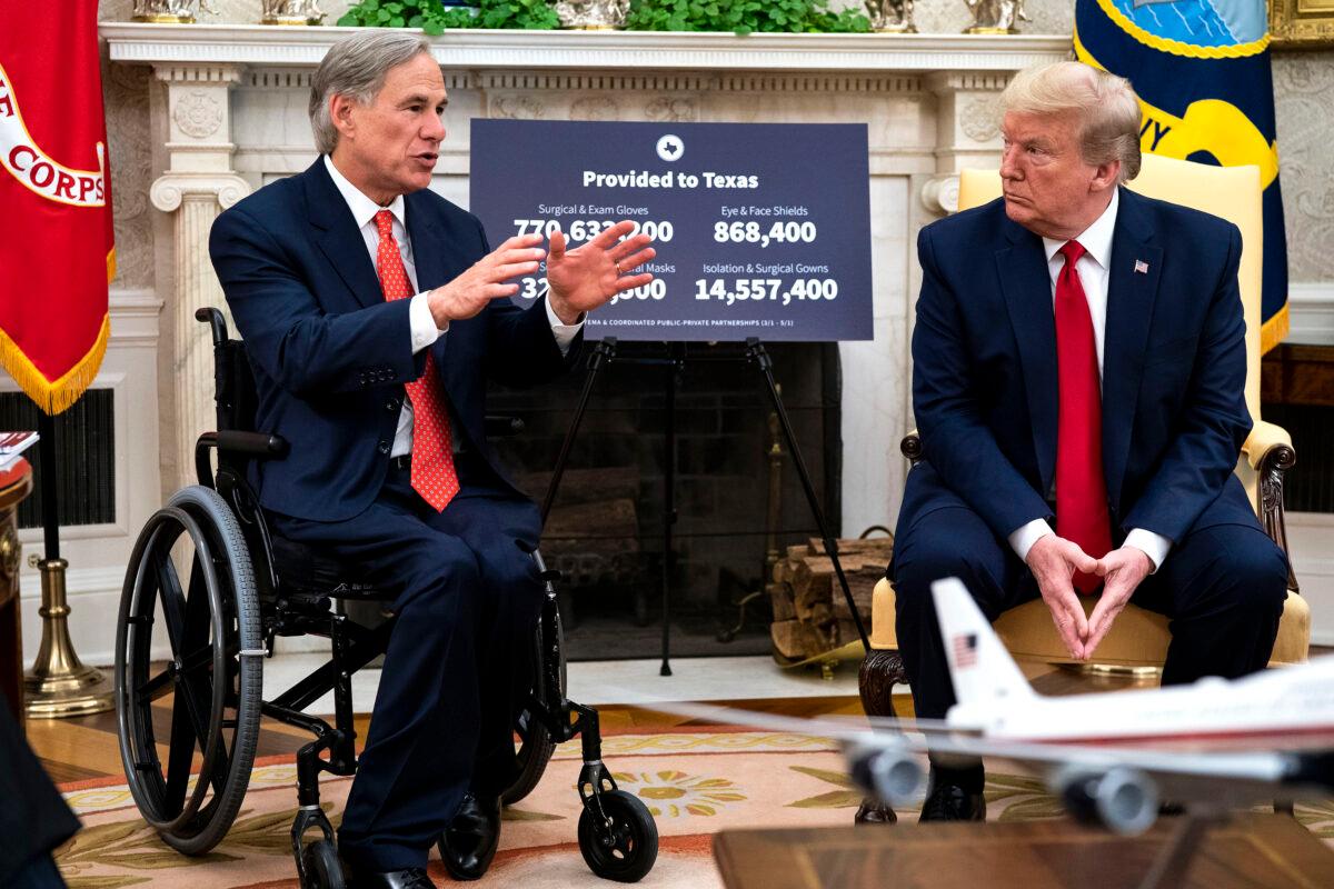 President Donald Trump makes remarks as he meets with Texas Gov. Greg Abbott in the Oval Office in Washington on May 7, 2020. (Doug Mills/The New York Times)
