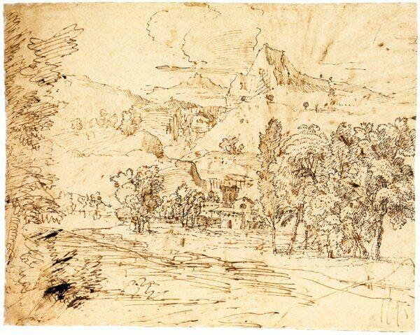 Study of a mountain landscape (on the reverse of the sheet is a study of a palm tree), circa 1635–1640, by Nicolas Poussin. Pen and brown ink, over traces of black chalk; 8 1/16 inches by 10 3/16 inches. Purchase, Guy Wildenstein gift and Van Day Truex and Harry G. Sperling Funds, 2002. (The Metropolitan Museum of Art)