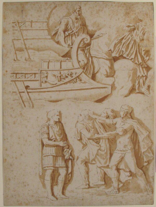 Studies of details from Trajan's Column, circa 1635, by Nicolas Poussin. Pen and brown ink, brush and brown wash, over traces of black chalk; 12 inches by 8 7/8 inches. Anonymous gift, 2006. (The Metropolitan Museum of Art)