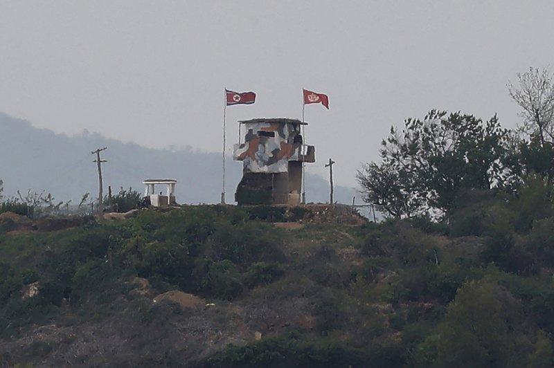 North Korean flag flutters in the wind at a military guard post in Paju, at the border with North Korea on May 3, 2020. (Ahn Young-joon/AP Photo)