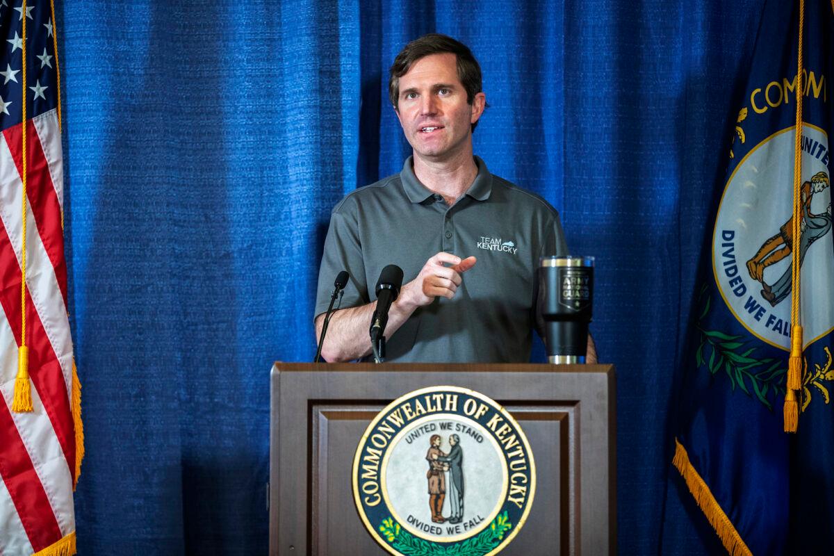 Kentucky Gov. Andy Beshear speaks during a news conference at the state's Emergency Operations Center at the Boone National Guard Center in Frankfort, Ky., about the coronavirus situation, on May 3, 2020. (Ryan C. Hermens/Lexington Herald-Leader via AP)