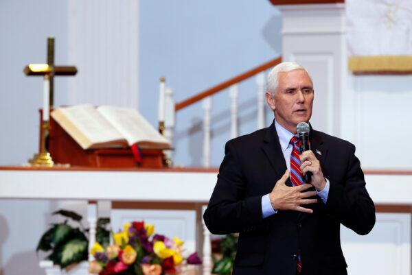 Vice President Mike Pence speaks during a discussion with local faith leaders to encourage them to resume in-person church services in a responsible fashion in response to the CCP virus pandemic, in Urbandale, Iowa, on May 8, 2020. (Charlie Neibergall/AP Photo)