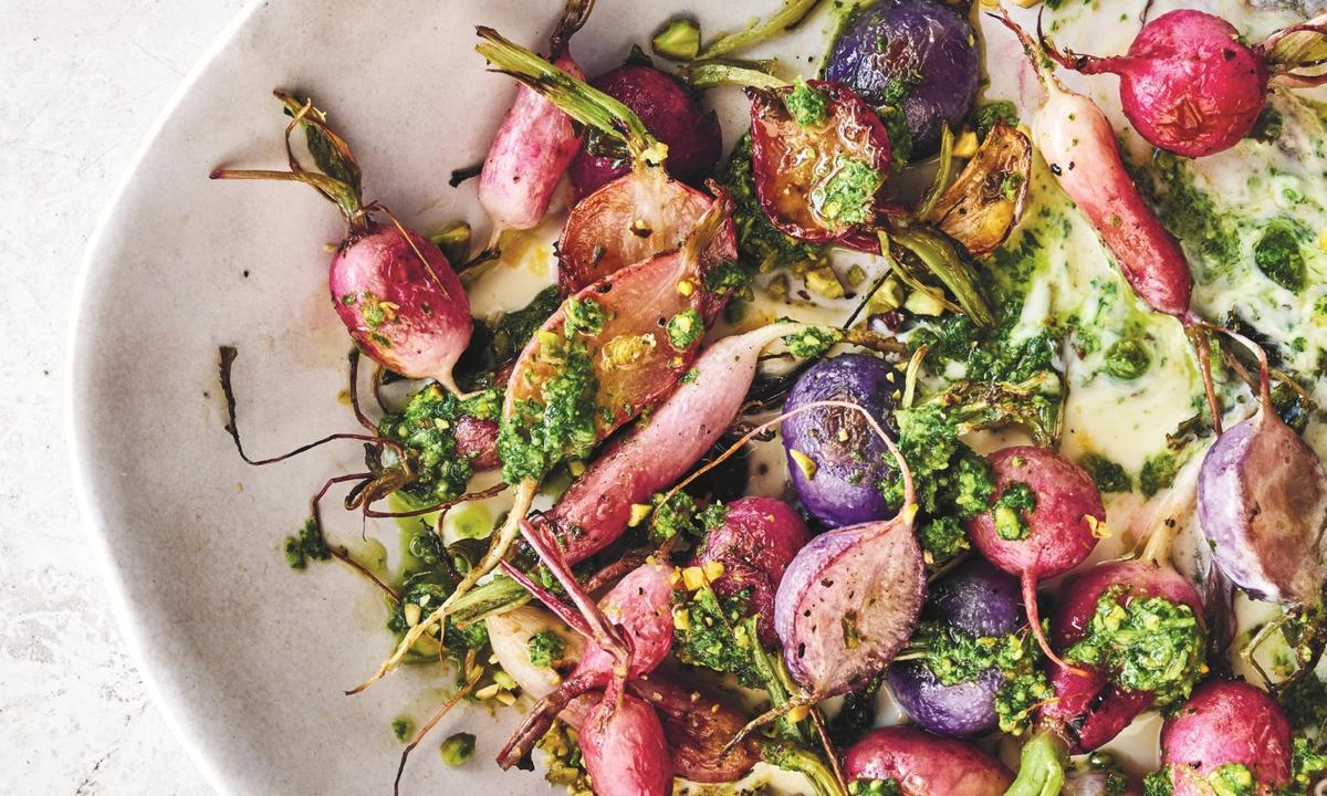 Roasted Radishes With Radish Green Pesto and Crème Fraîche