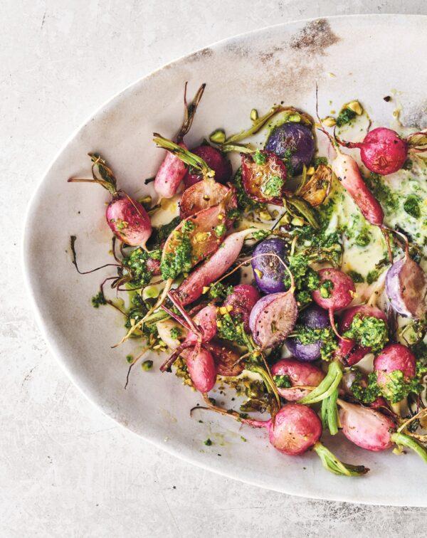 Roasted radishes with radish green pesto and crème fraîche. (Photo by Susan Spungen)