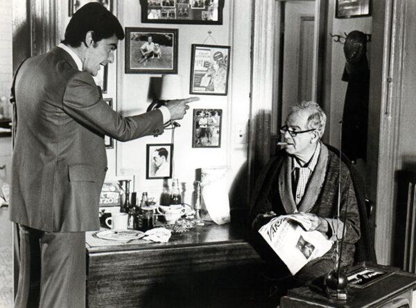 Ben (Richard Benjamin, L) scolds his uncle Willy Clark (Walter Matthau) in "The Sunshine Boys." (MGM)