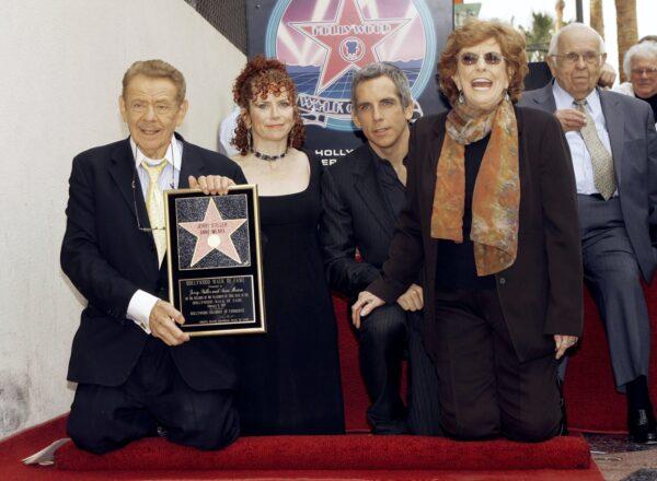 Actors Jerry Stiller, far left, and Anne Meara, second from right, pose with their children, Ben Stiller and Amy Stiller as they are honored with a star of the Hollywood Walk of Fame in Los Angeles, Calif., on Feb. 9, 2007. (Damian Dovarganes/AP Photo)