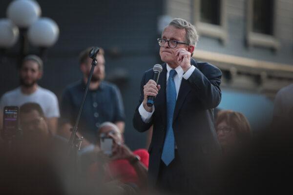 Ohio Gov. Mike DeWine speaks to mourners at a memorial service in the Oregon District held to recognize the victims of an early-morning mass shooting in the popular nightspot on Aug. 4, 2019, in Dayton, Ohio. (Scott Olson/Getty Images)