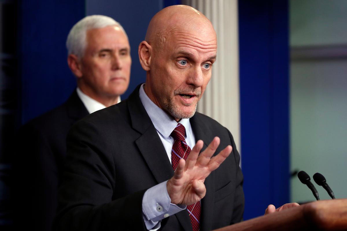 Stephen Hahn, commissioner of the U.S. Food and Drug Administration, speaks about the new CCP virus in the James Brady Press Briefing Room of the White House, as Vice President Mike Pence listens, in Washington, on April 24, 2020. (Alex Brandon/AP Photo)